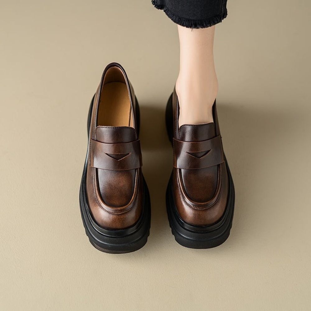 Dwarves Chunky Cowhide Penny Loafers Platform Lug Sole Slip On Preppy Shoes 5‎